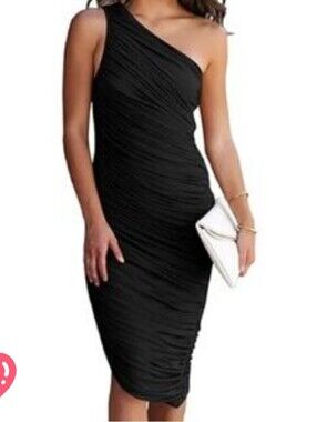 🆕️ Pretty Garden One-Shoulder Black Bodycon Ruched Mesh Overlay Midi Dress